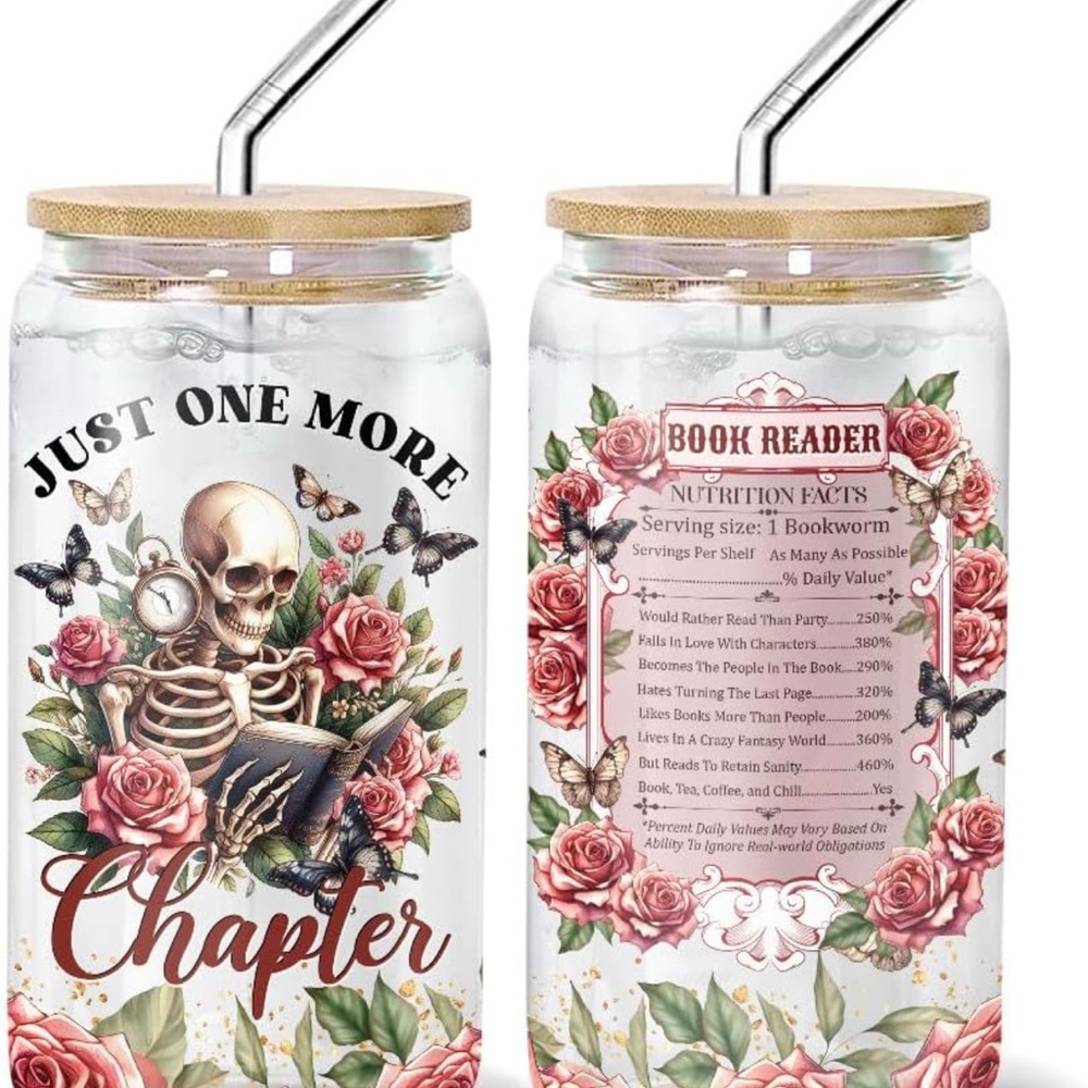 Floral Skull Book Glass Tumbler with Straw
